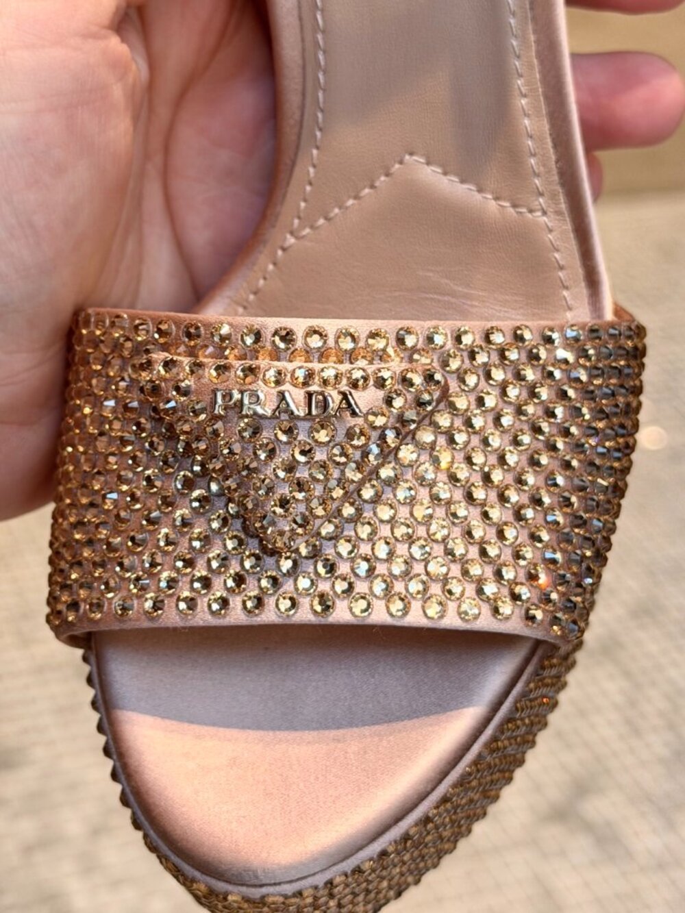 Prada Pink Crystal Triangle Logo Platform Sandals - Picture 2 of 12